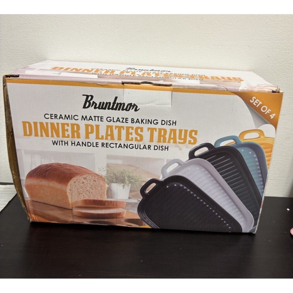 Ceramic Matte Glaze Baking Dish Dinner Plates Tray With Handle Yellow Open Box